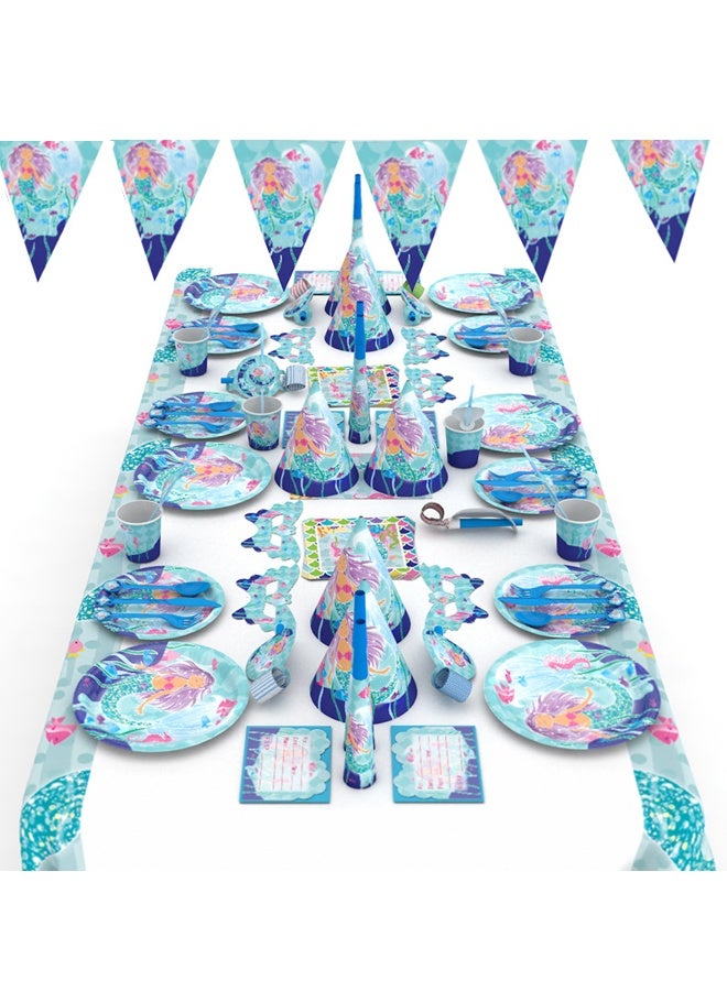 96Piece/Set Mermaid Party Supplies 16Piece Plates, Cups, Napkins, Tablecloth, Cutlery, Happy Birthday Letter Balloon Banner - Image 1