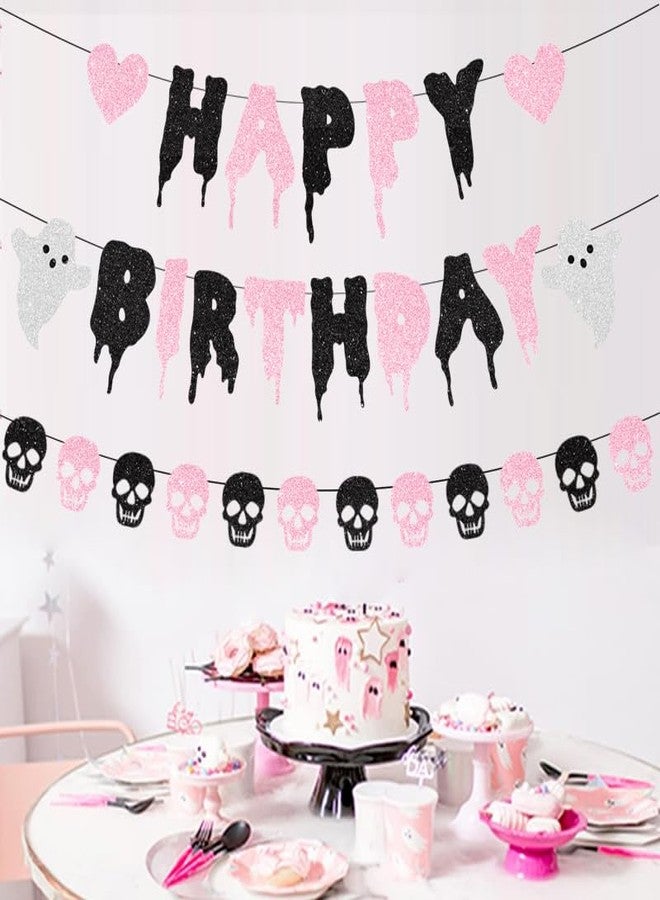 FHGG Pink Glitter Halloween Birthday Banner Black and Pink Heart Skull Garland Happy Birthday Decorations for Halloween Party Decorations Theme Baby Shower Supplies - Image 4