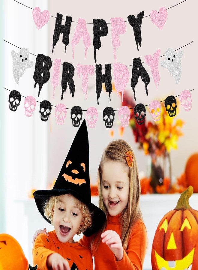 FHGG Pink Glitter Halloween Birthday Banner Black and Pink Heart Skull Garland Happy Birthday Decorations for Halloween Party Decorations Theme Baby Shower Supplies - Image 5