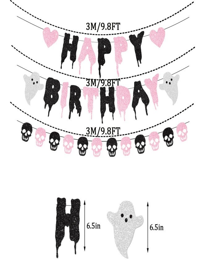 FHGG Pink Glitter Halloween Birthday Banner Black and Pink Heart Skull Garland Happy Birthday Decorations for Halloween Party Decorations Theme Baby Shower Supplies - Image 3