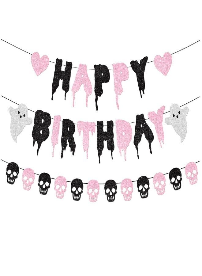 FHGG Pink Glitter Halloween Birthday Banner Black and Pink Heart Skull Garland Happy Birthday Decorations for Halloween Party Decorations Theme Baby Shower Supplies - Image 1