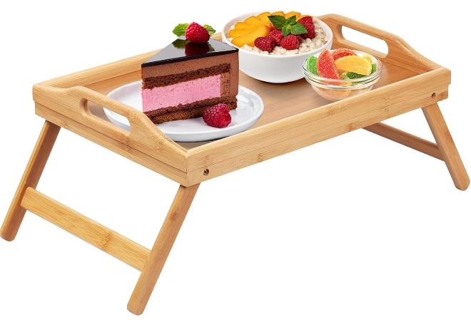 Bamboo Food Serving Platter Wooden Tray Bamboo Bed Tray With Folding Legs Great For Kitchen, Hotels Bars, Coffee, Breakfast In Bed & Tea - Wooden Table