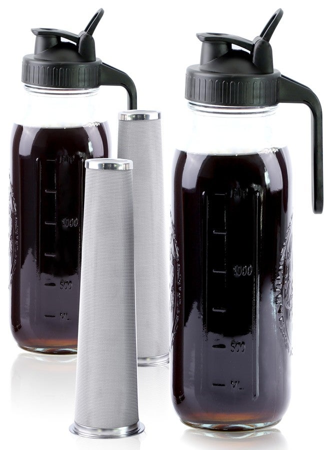 GMSWEET Cold Brew Coffee Maker 64 Oz Mason Jar Iced Coffee Maker 2 Set Half Gallon Glass Pitcher With Pour Spout Lids 2 Quart Wide Mouth Cold Brew Pitcher With Strainer For Fridge, Lemonade, Cold Brew, Milk - Image 1