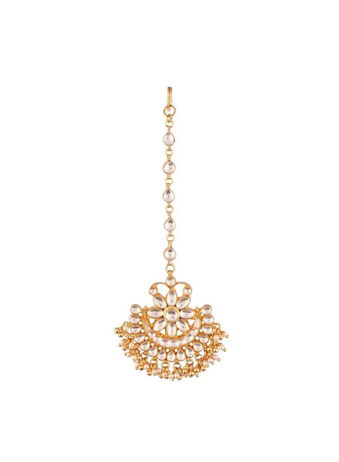 ACCESSHER Traditional White Jadau Kundan and Pearl Chaandbali Style Maang Tika for Women - Image 1