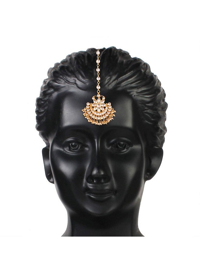 ACCESSHER Traditional White Jadau Kundan and Pearl Chaandbali Style Maang Tika for Women - Image 2