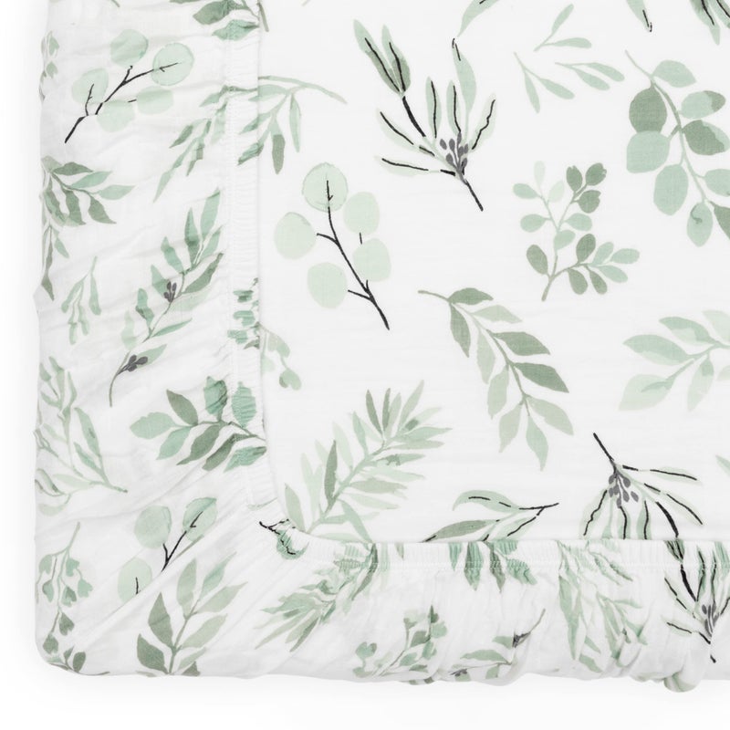 Pondering Pine Organic Muslin Fitted Crib Sheet - Organic Crib Sheet for Standard Crib and Toddler Mattresses, Soft and Breathable, Eucalyptus Leaves, 28”x52” - Image 2