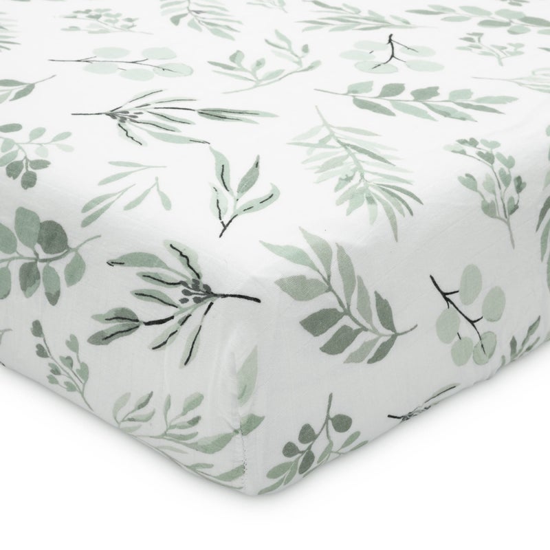 Pondering Pine Organic Muslin Fitted Crib Sheet - Organic Crib Sheet for Standard Crib and Toddler Mattresses, Soft and Breathable, Eucalyptus Leaves, 28”x52” - Image 1