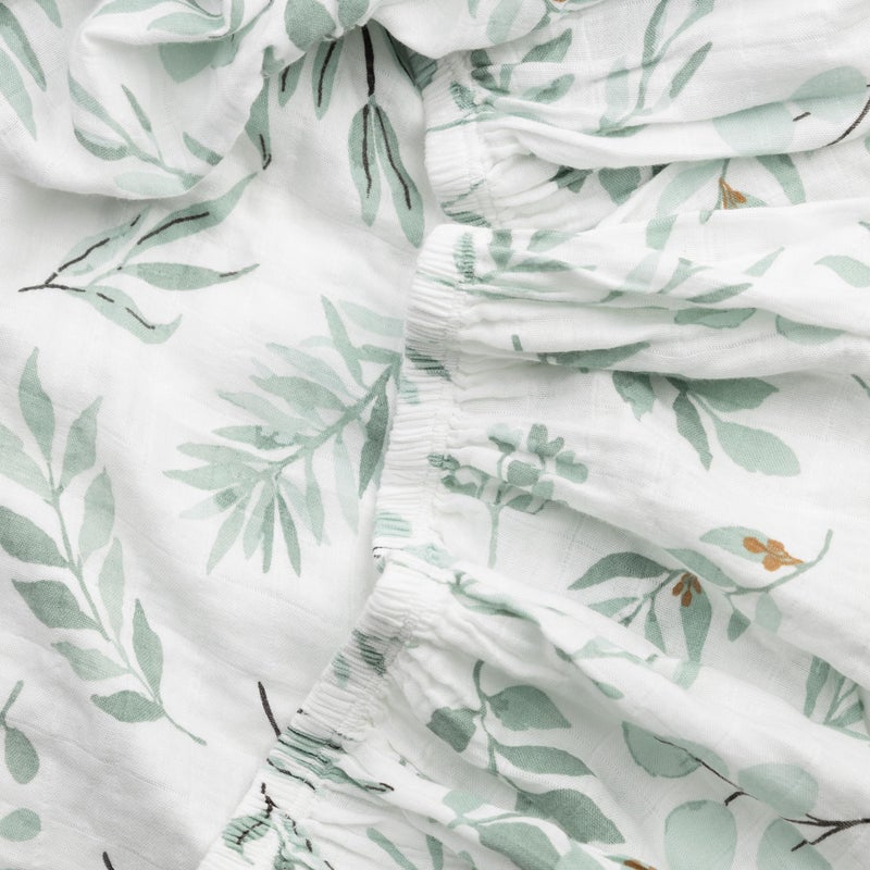 Pondering Pine Organic Muslin Fitted Crib Sheet - Organic Crib Sheet for Standard Crib and Toddler Mattresses, Soft and Breathable, Eucalyptus Leaves, 28”x52” - Image 5