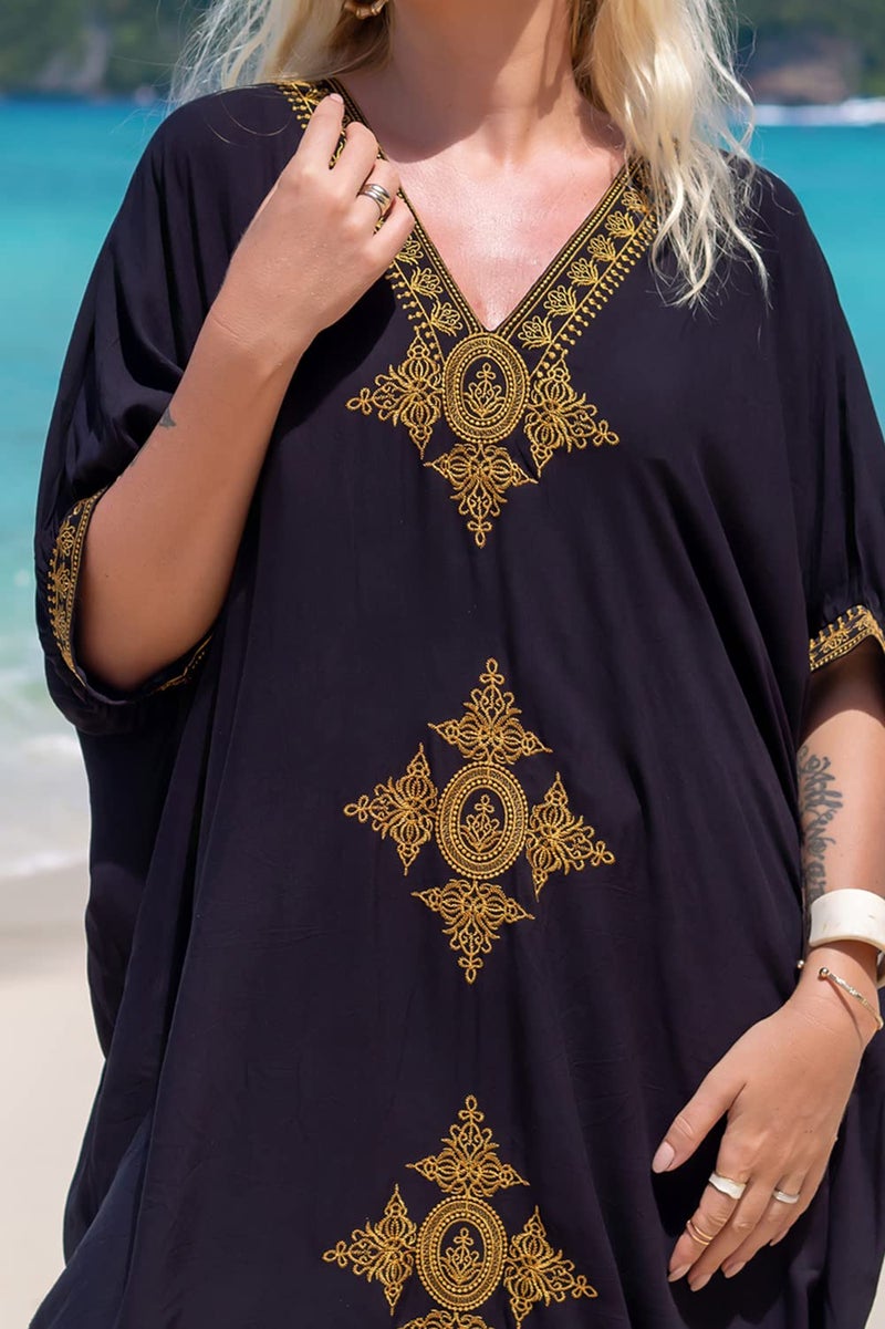 YouKD Summer Embroidered Long Kaftan Bohemian Kimono Beach Swimsuit Cover Up Maxi Dress for Women - Image 5