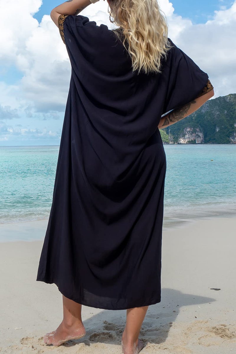 YouKD Summer Embroidered Long Kaftan Bohemian Kimono Beach Swimsuit Cover Up Maxi Dress for Women - Image 4