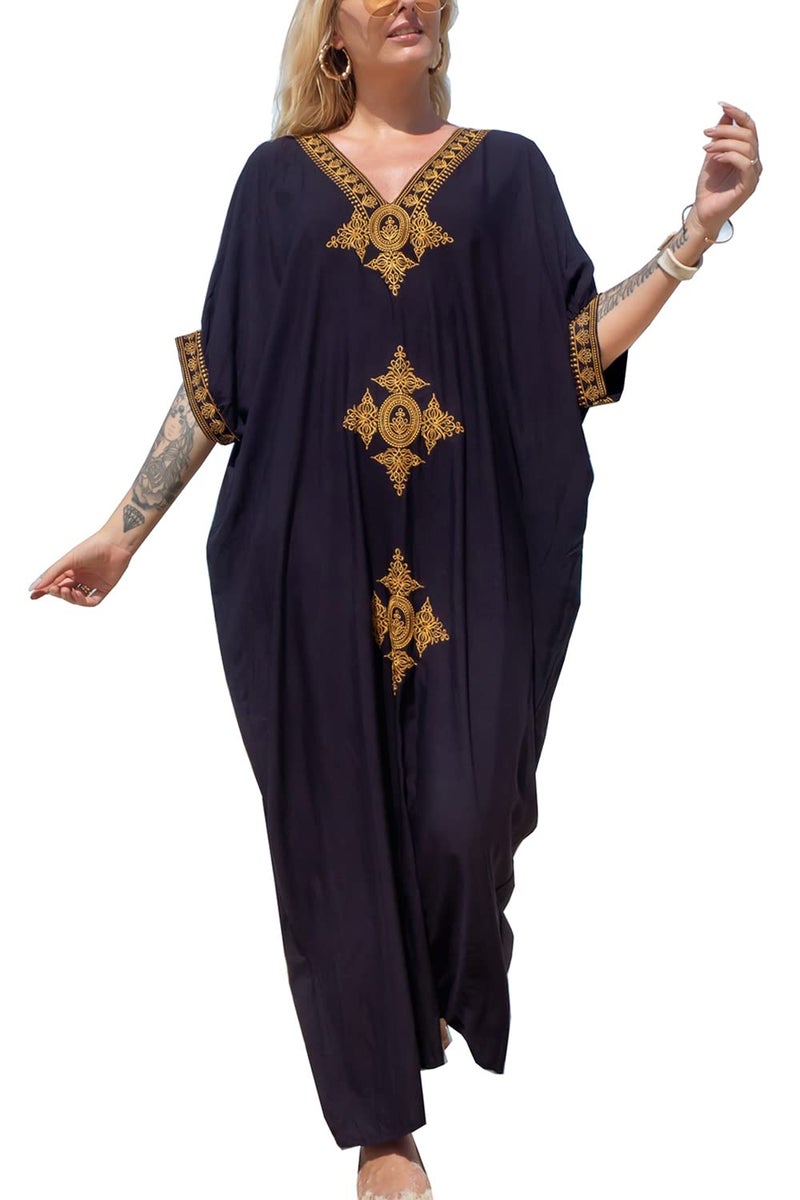YouKD Summer Embroidered Long Kaftan Bohemian Kimono Beach Swimsuit Cover Up Maxi Dress for Women - Image 2