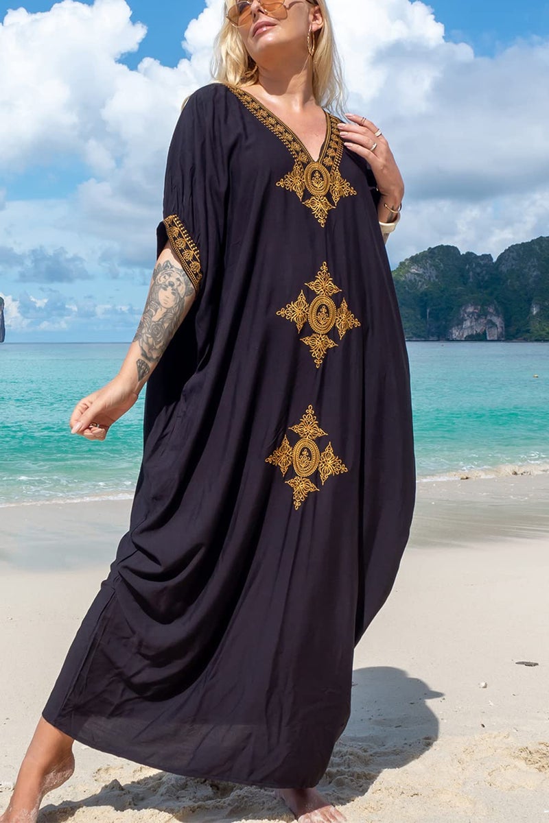 YouKD Summer Embroidered Long Kaftan Bohemian Kimono Beach Swimsuit Cover Up Maxi Dress for Women - Image 3