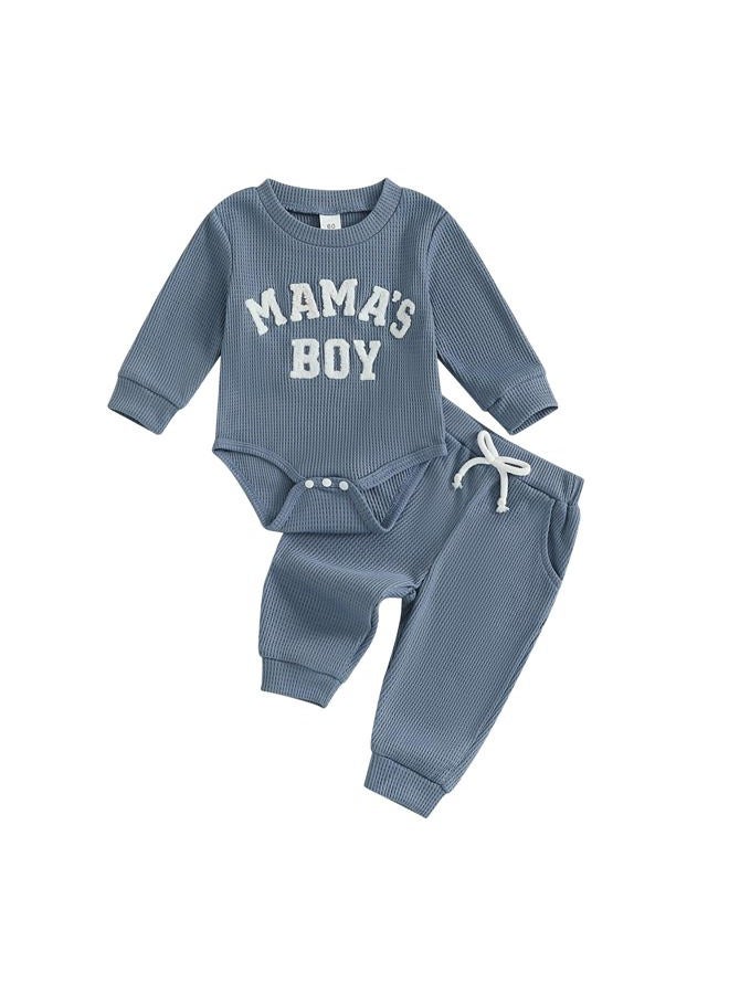 MERSARIPHY Newborn Baby Boy Fall Winter Clothes Mama's Boy Little Dude Outfit Embroidery Waffle Knit Romper Pants Sets, Blue-mama's Boy, 3-6 months - Image 1