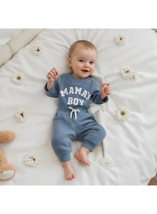 MERSARIPHY Newborn Baby Boy Fall Winter Clothes Mama's Boy Little Dude Outfit Embroidery Waffle Knit Romper Pants Sets, Blue-mama's Boy, 3-6 months - Image 2