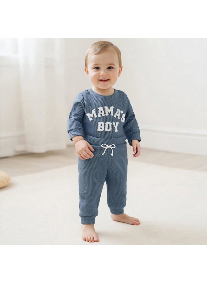 MERSARIPHY Newborn Baby Boy Fall Winter Clothes Mama's Boy Little Dude Outfit Embroidery Waffle Knit Romper Pants Sets, Blue-mama's Boy, 3-6 months - Image 3