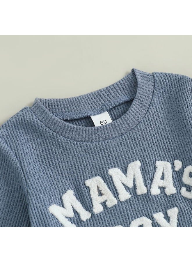 MERSARIPHY Newborn Baby Boy Fall Winter Clothes Mama's Boy Little Dude Outfit Embroidery Waffle Knit Romper Pants Sets, Blue-mama's Boy, 3-6 months - Image 4