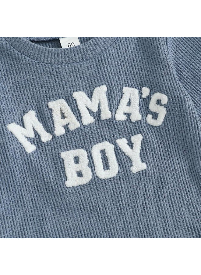 MERSARIPHY Newborn Baby Boy Fall Winter Clothes Mama's Boy Little Dude Outfit Embroidery Waffle Knit Romper Pants Sets, Blue-mama's Boy, 3-6 months - Image 5