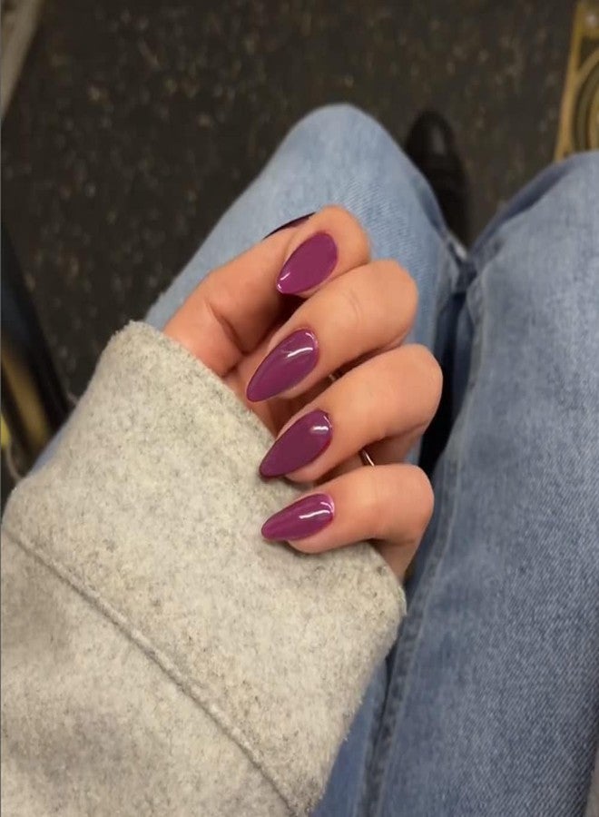 XCREANDO 48Pcs Dark Purple Press on Nails Almond Fake Nails Glue on Nails Medium Length Almond Shaped Nails Press ons, Stiletto Nails False Nails for Women, Medium Almond Nails, Thick Natural Acrylic Gel Nails - Image 3