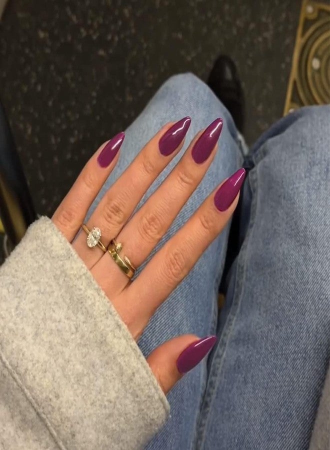 XCREANDO 48Pcs Dark Purple Press on Nails Almond Fake Nails Glue on Nails Medium Length Almond Shaped Nails Press ons, Stiletto Nails False Nails for Women, Medium Almond Nails, Thick Natural Acrylic Gel Nails - Image 2