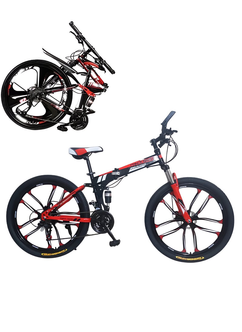 Fitness World 26-inch folding sports bike with 21 variable speeds, 17-inch wheels with 10 shock-absorbing blades, 2 stainless steel gears, front and rear disc brakes, and a comfortable padded seat. It can bear a weight of 120 kg.  - Image 1