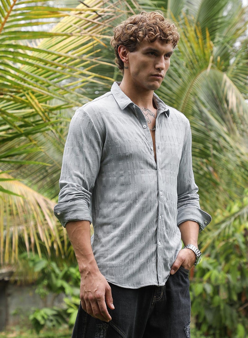 Campus Sutra Men's Coin Grey Braided-Knot Tactile Shirt For Casual Wear | Spread Collar | Long Cuffed Sleeves | Button Closure | Shirt Crafted With Comfort Fit For Everyday Wear - Image 3