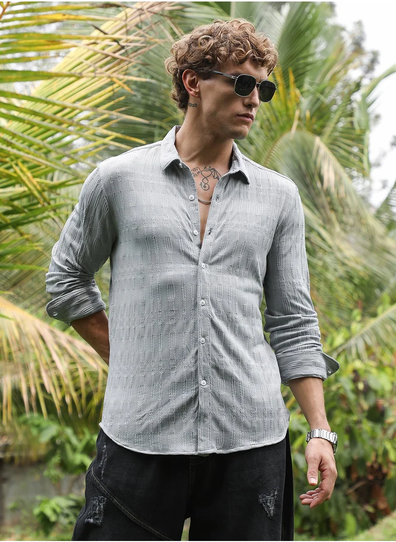 كامبوس سوترا Men's Coin Grey Braided-Knot Tactile Shirt For Casual Wear | Spread Collar | Long Cuffed Sleeves | Button Closure | Shirt Crafted With Comfort Fit For Everyday Wear