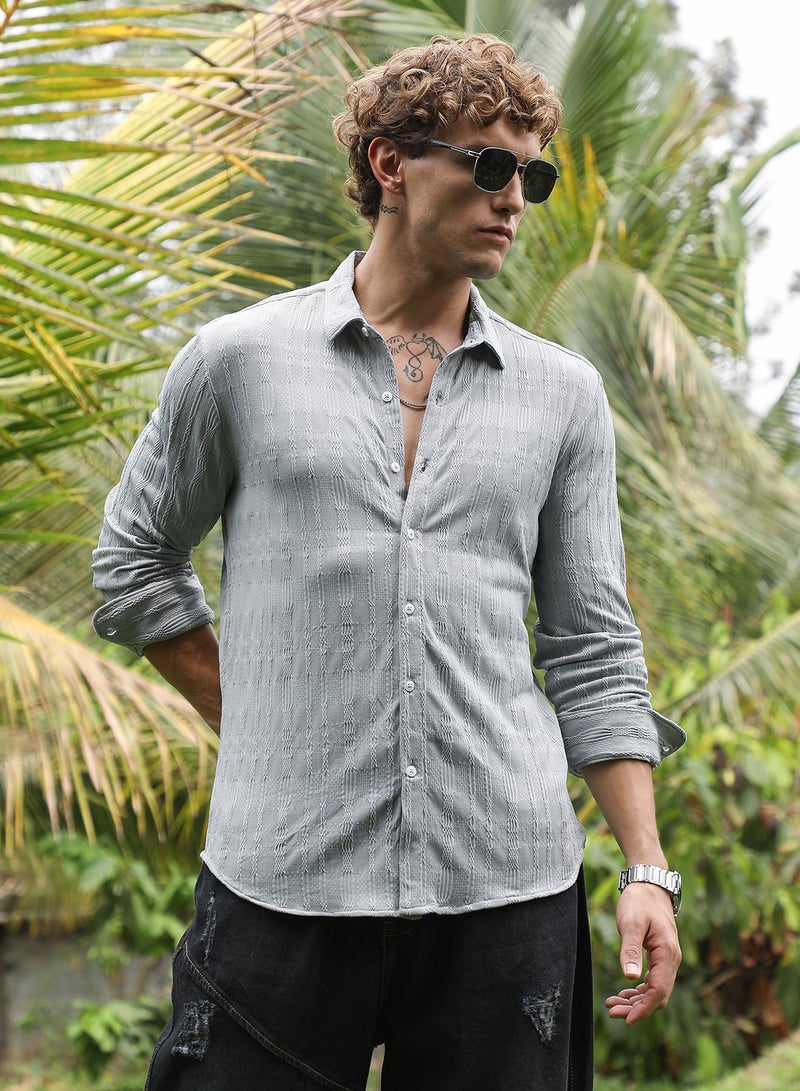 Campus Sutra Men's Coin Grey Braided-Knot Tactile Shirt For Casual Wear | Spread Collar | Long Cuffed Sleeves | Button Closure | Shirt Crafted With Comfort Fit For Everyday Wear - Image 1