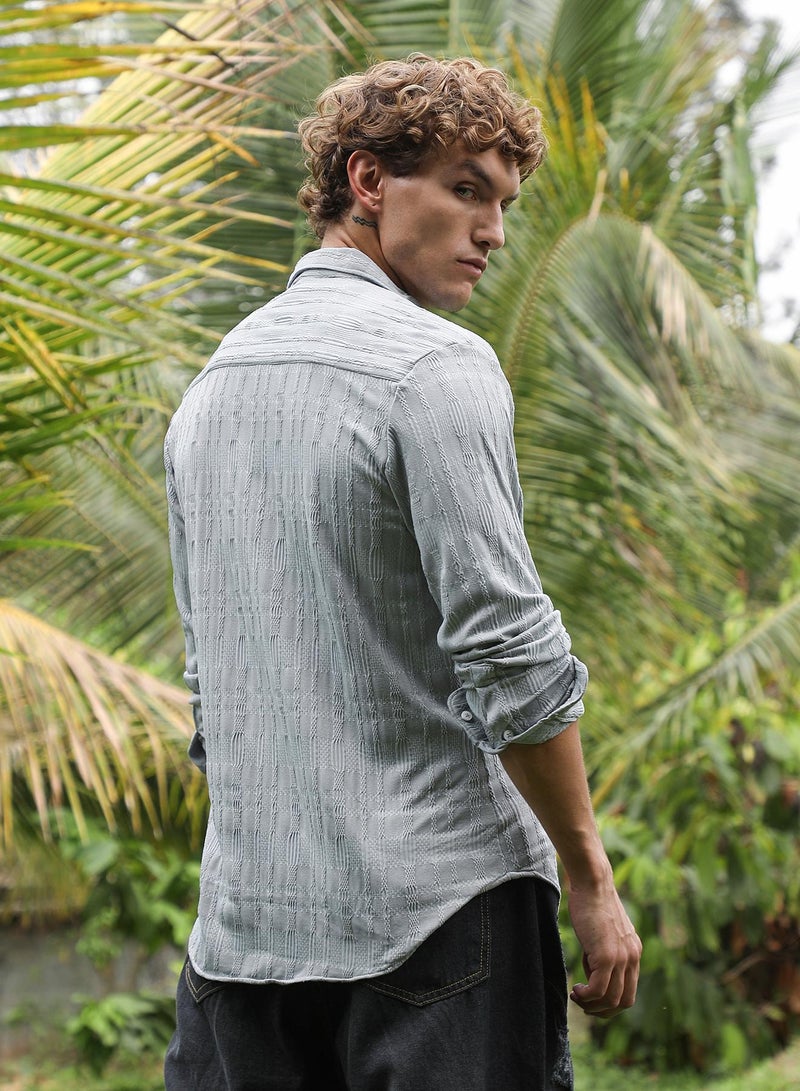 Campus Sutra Men's Coin Grey Braided-Knot Tactile Shirt For Casual Wear | Spread Collar | Long Cuffed Sleeves | Button Closure | Shirt Crafted With Comfort Fit For Everyday Wear - Image 5