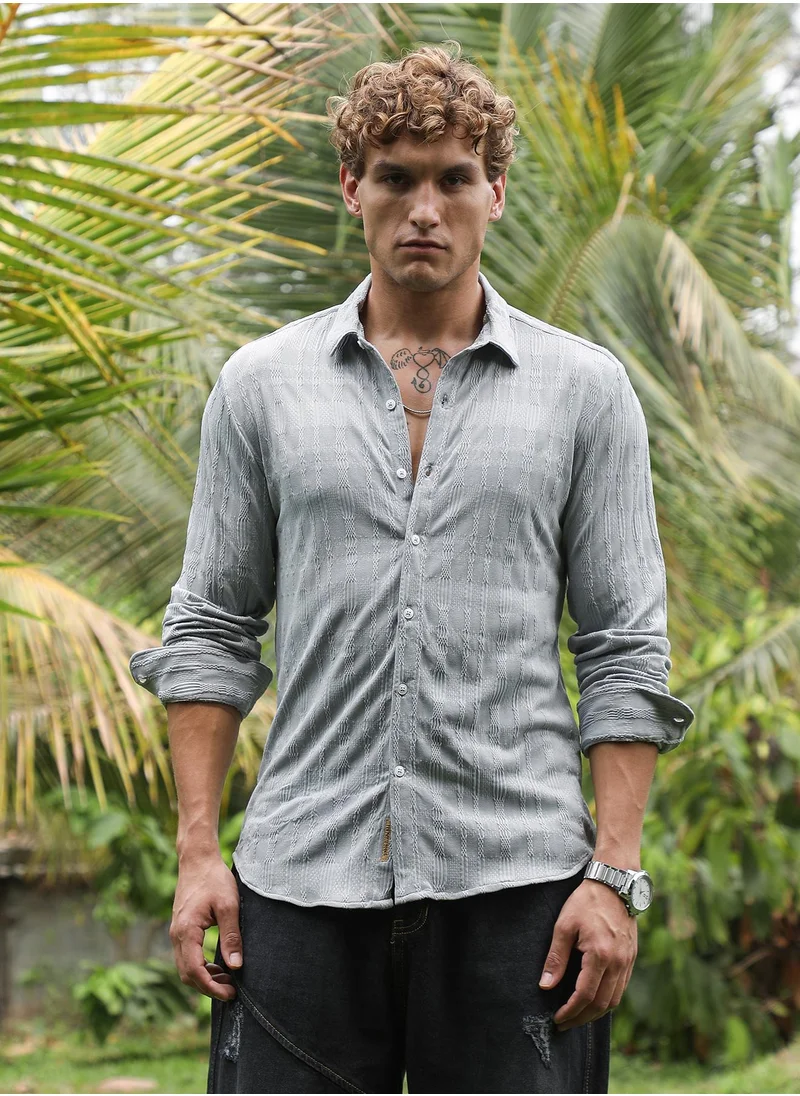 كامبوس سوترا Men's Coin Grey Braided-Knot Tactile Shirt For Casual Wear | Spread Collar | Long Cuffed Sleeves | Button Closure | Shirt Crafted With Comfort Fit For Everyday Wear