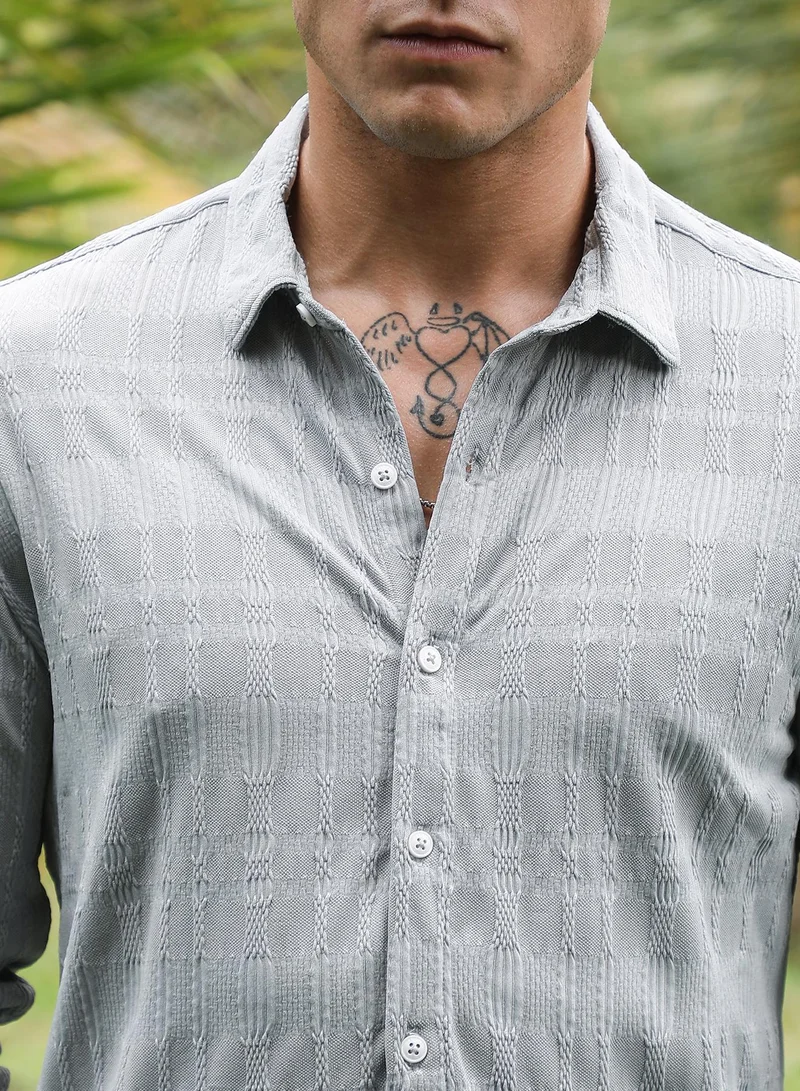 Campus Sutra Men's Coin Grey Braided-Knot Tactile Shirt For Casual Wear | Spread Collar | Long Cuffed Sleeves | Button Closure | Shirt Crafted With Comfort Fit For Everyday Wear