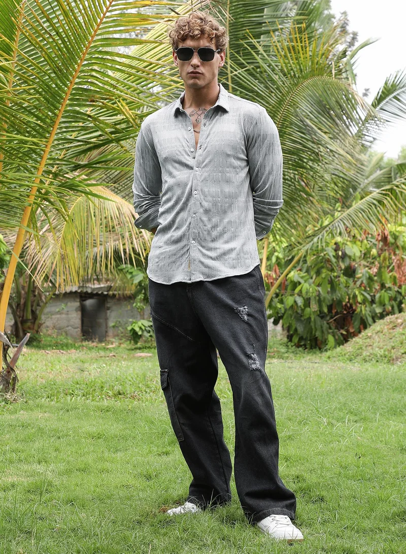 Campus Sutra Men's Coin Grey Braided-Knot Tactile Shirt For Casual Wear | Spread Collar | Long Cuffed Sleeves | Button Closure | Shirt Crafted With Comfort Fit For Everyday Wear