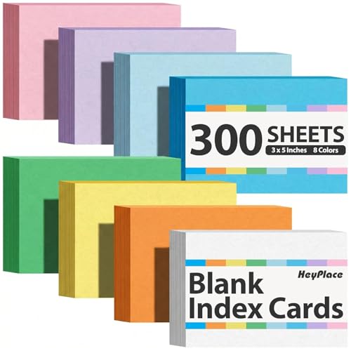 HEYPLACE 300PCS Colored Index Cards, 3x5 Inch Flash Cards Study Heavy Notecards for Studying School Office Learning Memo Scratch Pad, 8 Colors Notecards - Image 1