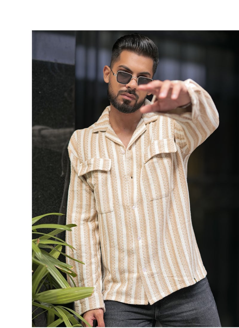 Maniac Maniac Mens Textured Striped Full Sleeve Collared Neck Beige Oversized Shirt  - Image 2