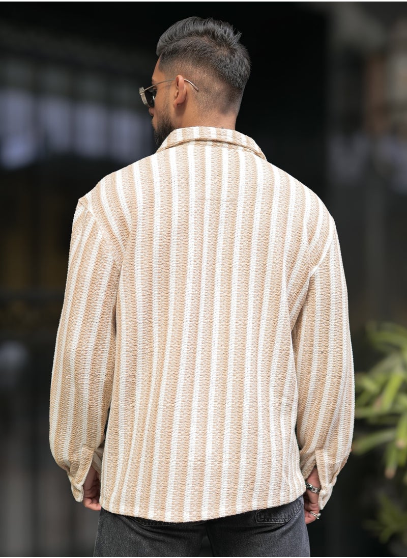 Maniac Maniac Mens Textured Striped Full Sleeve Collared Neck Beige Oversized Shirt  - Image 4