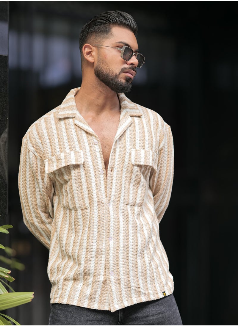 Maniac Maniac Mens Textured Striped Full Sleeve Collared Neck Beige Oversized Shirt  - Image 3