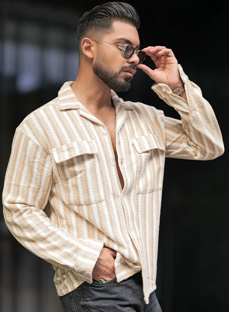 Maniac Maniac Mens Textured Striped Full Sleeve Collared Neck Beige Oversized Shirt