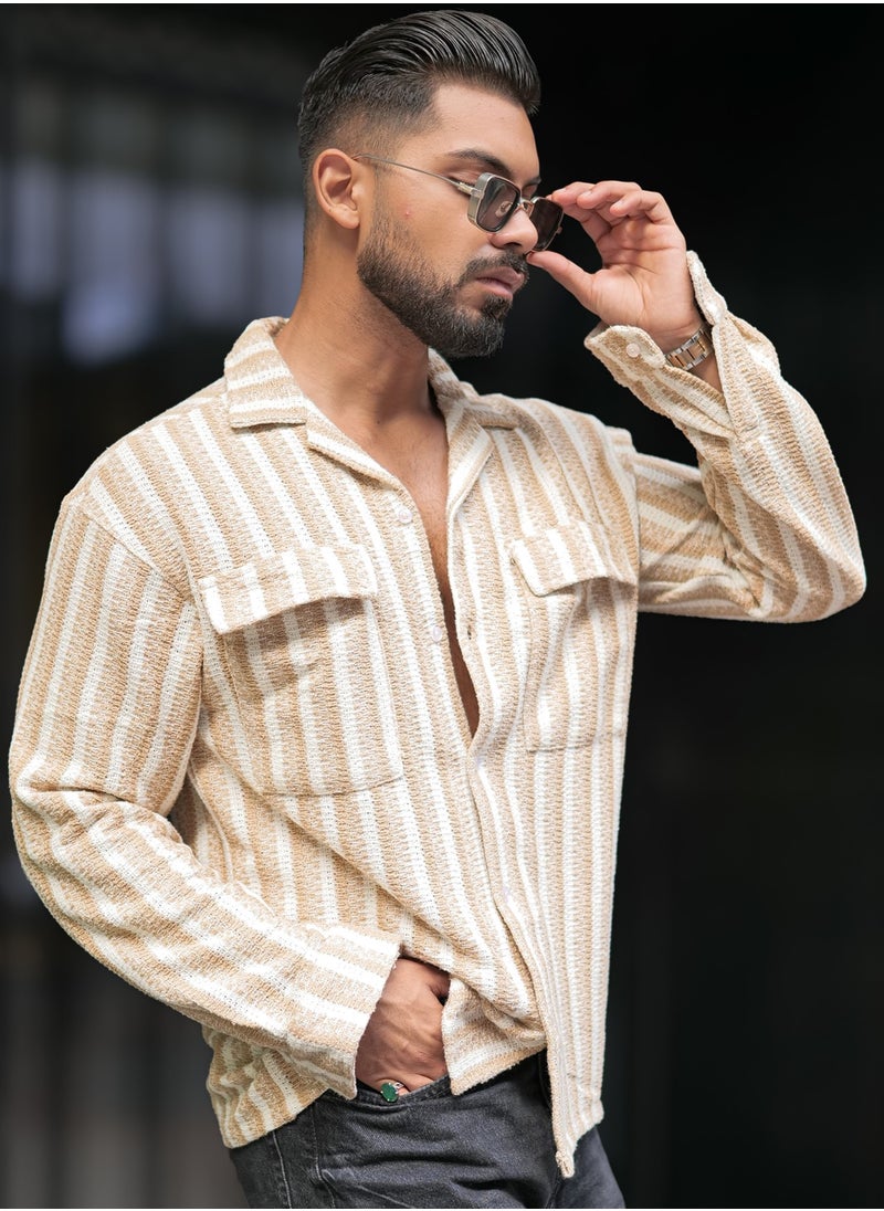 Maniac Maniac Mens Textured Striped Full Sleeve Collared Neck Beige Oversized Shirt  - Image 1