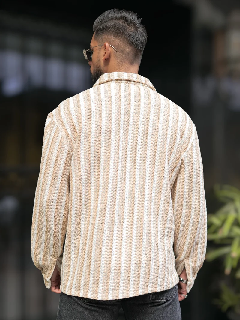 Maniac Maniac Mens Textured Striped Full Sleeve Collared Neck Beige Oversized Shirt
