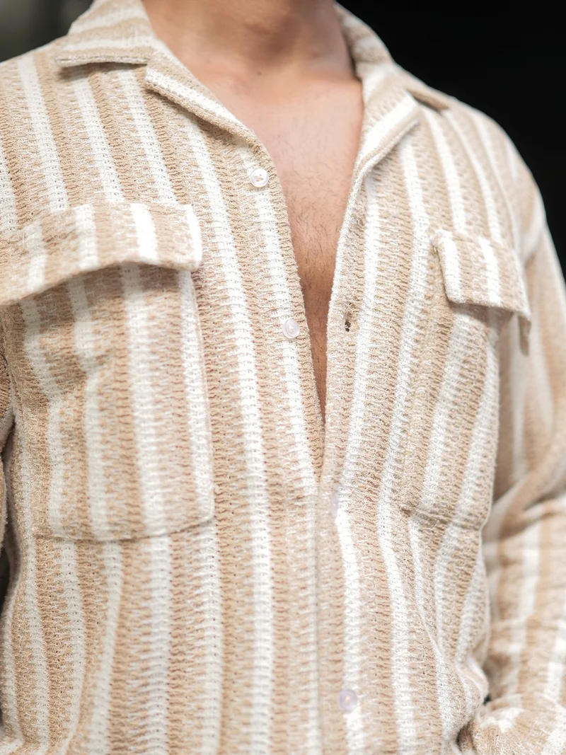 Maniac Maniac Mens Textured Striped Full Sleeve Collared Neck Beige Oversized Shirt