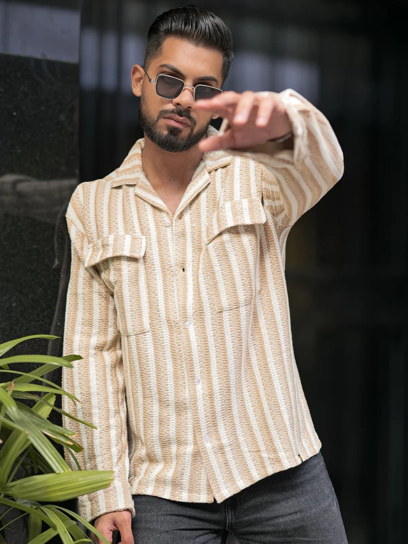 Maniac Maniac Mens Textured Striped Full Sleeve Collared Neck Beige Oversized Shirt