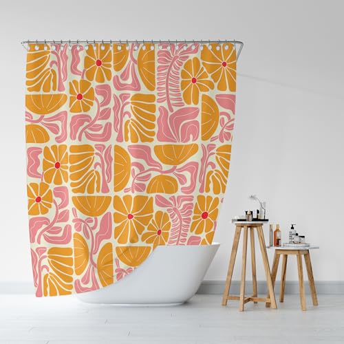 DeeCabin Boho Abstract Colorful Floral Shower Curtain, Vintage Retro Patchwork Pink Green Flower Botanical Geometric Aesthetic Groovy Bathroom Decor Shower Curtain Set with 12 Hooks, 70X70IN - Image 4