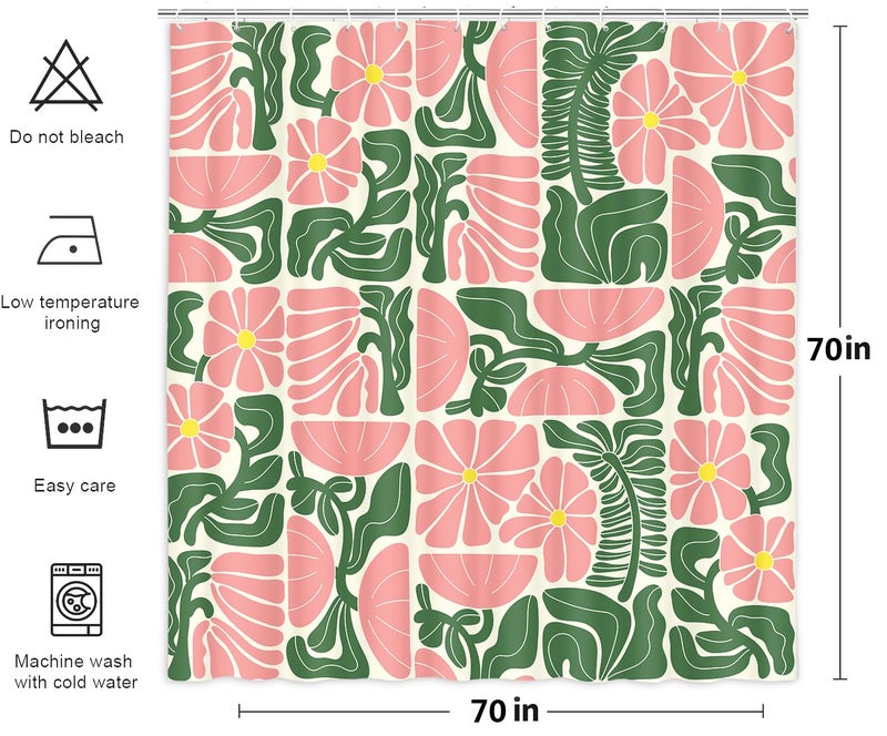DeeCabin Boho Abstract Colorful Floral Shower Curtain, Vintage Retro Patchwork Pink Green Flower Botanical Geometric Aesthetic Groovy Bathroom Decor Shower Curtain Set with 12 Hooks, 70X70IN - Image 5