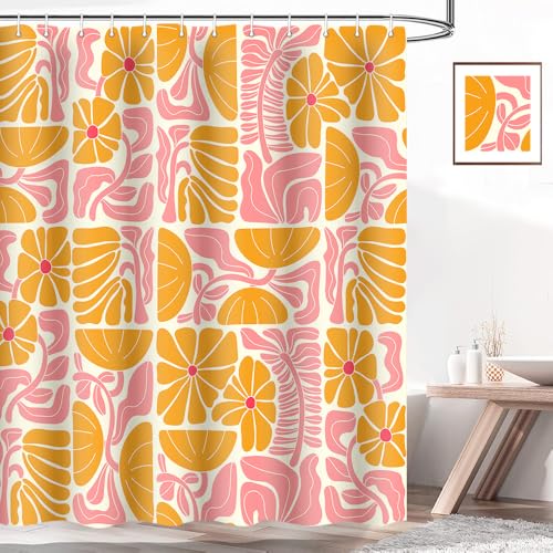 DeeCabin Boho Abstract Colorful Floral Shower Curtain, Vintage Retro Patchwork Pink Green Flower Botanical Geometric Aesthetic Groovy Bathroom Decor Shower Curtain Set with 12 Hooks, 70X70IN - Image 3