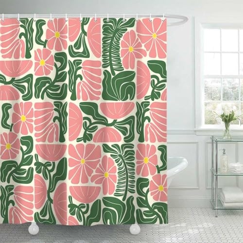 DeeCabin Boho Abstract Colorful Floral Shower Curtain, Vintage Retro Patchwork Pink Green Flower Botanical Geometric Aesthetic Groovy Bathroom Decor Shower Curtain Set with 12 Hooks, 70X70IN - Image 1