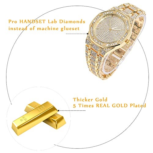 Halukakah Diamonds Gold Watch Iced Out,Men's 18K Real Gold Plated 40MM Width Octagonal Round Dial Quartz Wristband 8.7",Free Giftbox - Image 3