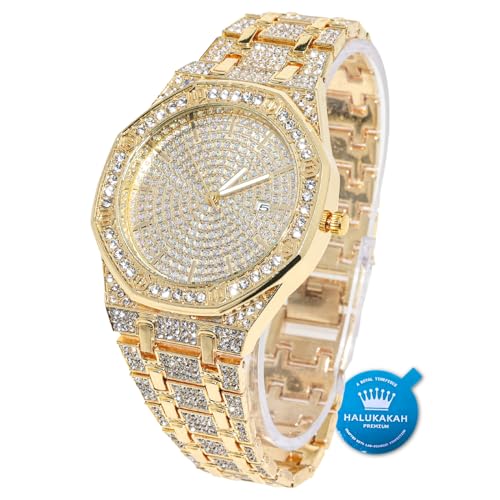 Halukakah Diamonds Gold Watch Iced Out,Men's 18K Real Gold Plated 40MM Width Octagonal Round Dial Quartz Wristband 8.7",Free Giftbox - Image 1