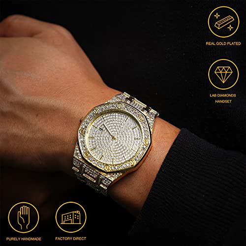 Halukakah Diamonds Gold Watch Iced Out,Men's 18K Real Gold Plated 40MM Width Octagonal Round Dial Quartz Wristband 8.7",Free Giftbox - Image 2