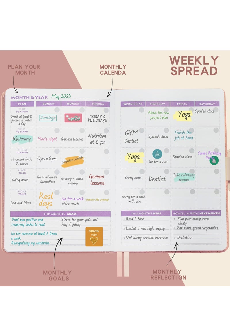 SYOSI Weekly and Monthly Planner Dairy, Planner Schedule with Time Slots, Appointment Book, Organizer Notebook & Productivity Journal with Stickers, A5 Size Weekly Planner, Undated, Start Any Time (Pink) - Image 5