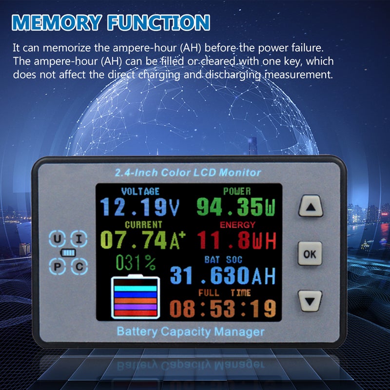 2.4inch Color LCD Screen Coulometer Voltage Current Capacity Meter Electric Car RV Battery Coulometers Bidirectional Current Detection with Memory Function - Image 5