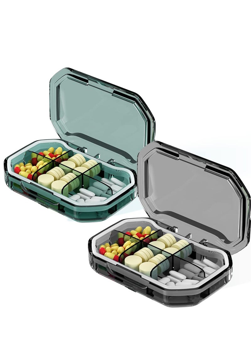 Zikra 2 Pack Couple Travel Pill Case, 10 Compartments Portable Small 7-Day Weekly Travel Pill Organizer Portable Pocket Pill Box Dispenser Pill Holders for Traveling (Green&Gray) - Image 1